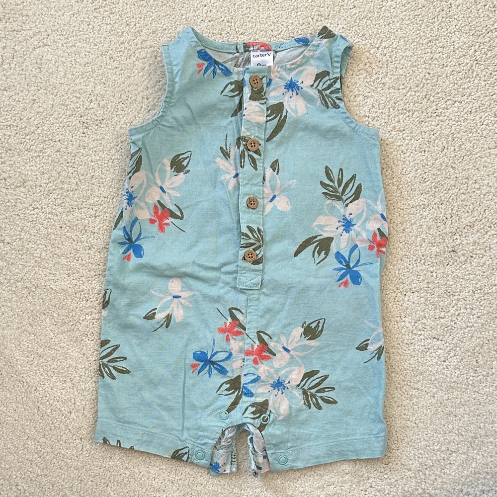 Carter's Aqua Floral Sleeveless Romper with Buttons